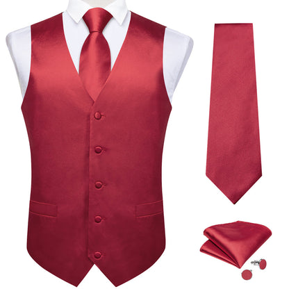 Dark Red Solid Satin Vest Set vest set    - Sophisticated Gentlemen