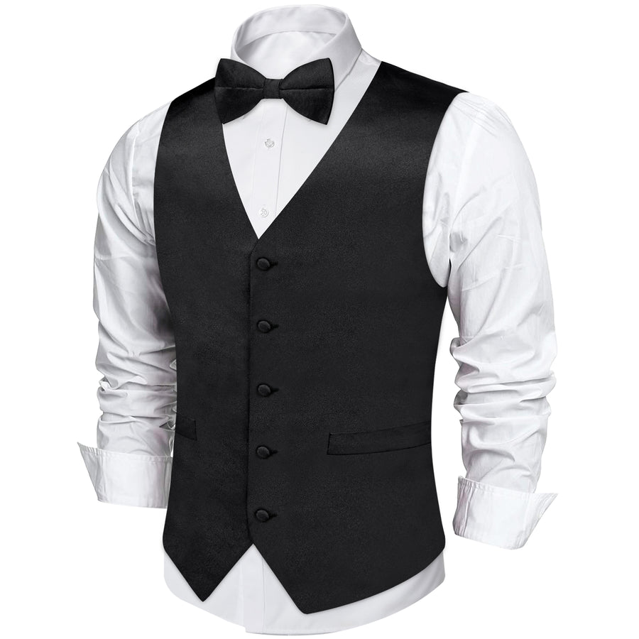 Black Solid Silk Vest Set vest set    - Sophisticated Gentlemen