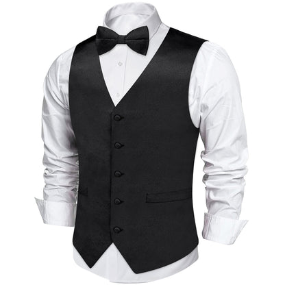 Black Solid Silk Vest Set vest set    - Sophisticated Gentlemen
