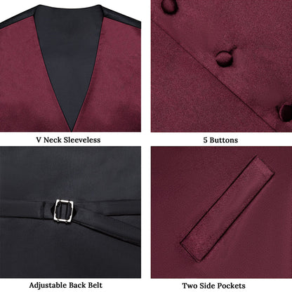 Burgundy Red Solid Satin Vest Set vest set    - Sophisticated Gentlemen