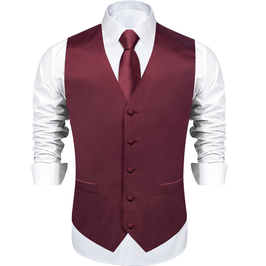 Burgundy Red Solid Satin Vest Set vest set    - Sophisticated Gentlemen