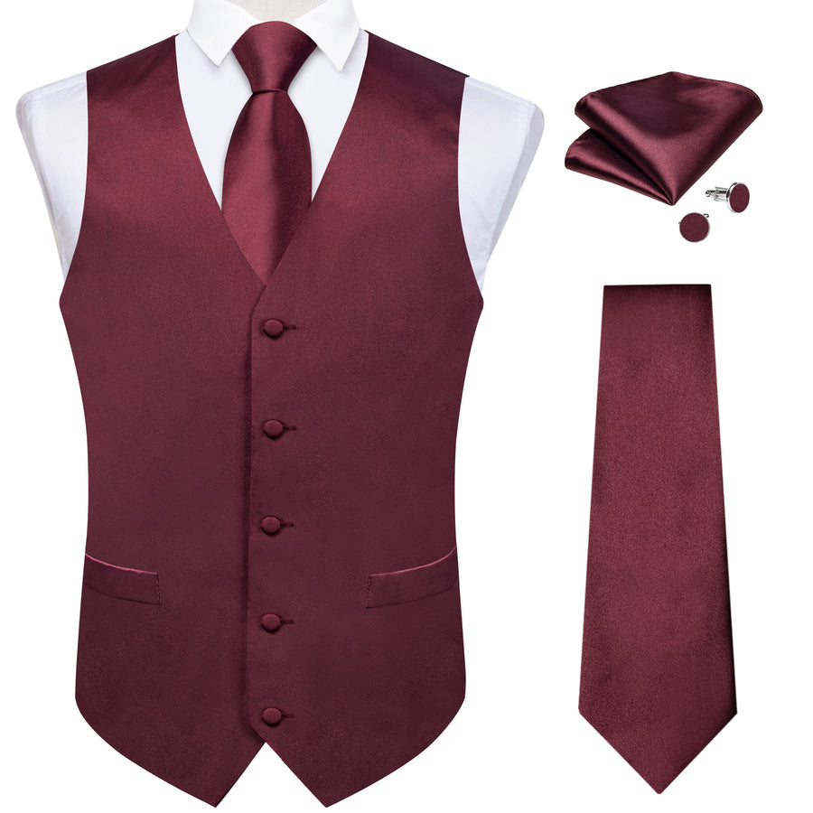 Burgundy Red Solid Satin Vest Set vest set    - Sophisticated Gentlemen
