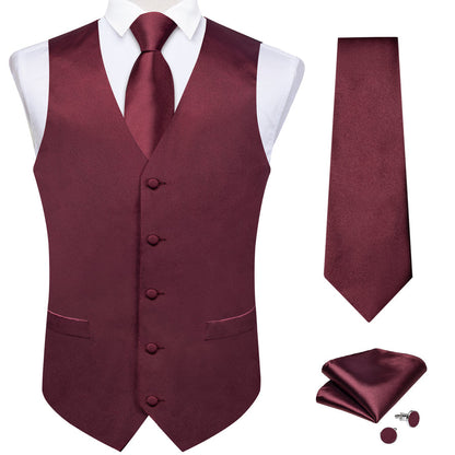 Burgundy Red Solid Satin Vest Set vest set    - Sophisticated Gentlemen