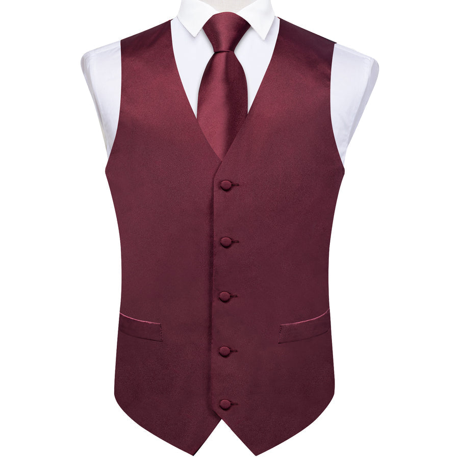 Burgundy Red Solid Satin Vest Set vest set    - Sophisticated Gentlemen