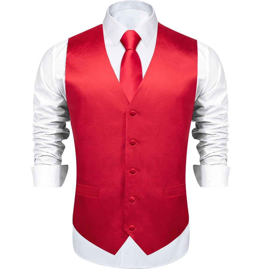 Classic Red Solid Satin Men's Vest Set vest set    - Sophisticated Gentlemen
