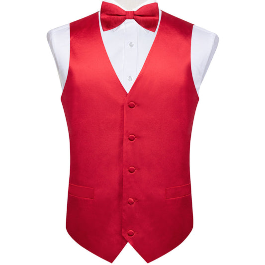 Satin Classic Red Solid Men's Bowtie Vest Set vest set S (Chest 40")   - Sophisticated Gentlemen