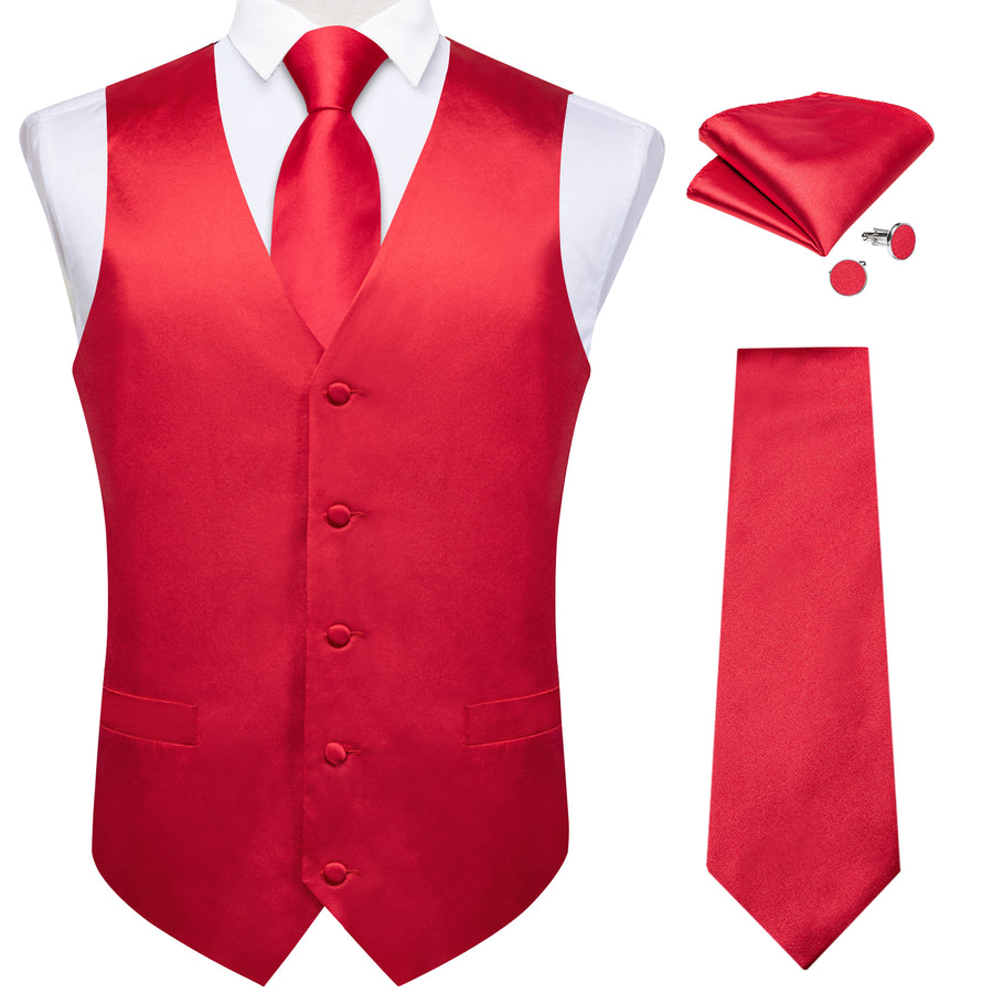 Classic Red Solid Satin Men's Vest Set vest set    - Sophisticated Gentlemen