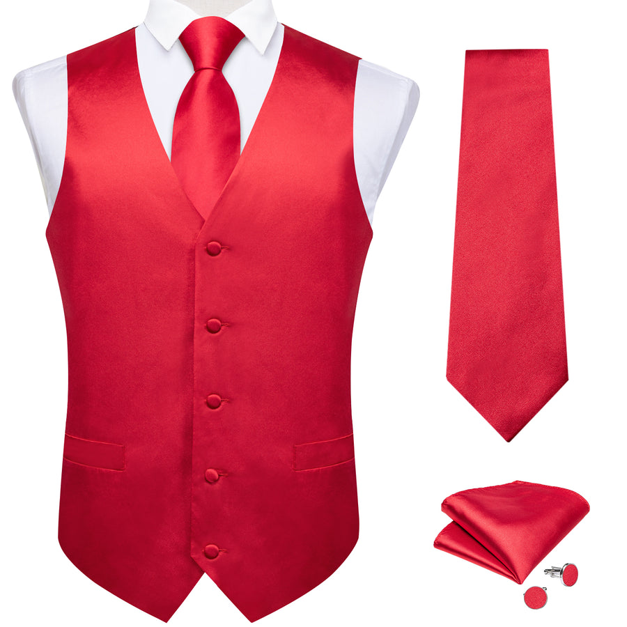 Classic Red Solid Satin Men's Vest Set vest set    - Sophisticated Gentlemen
