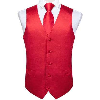 Classic Red Solid Satin Men's Vest Set vest set    - Sophisticated Gentlemen