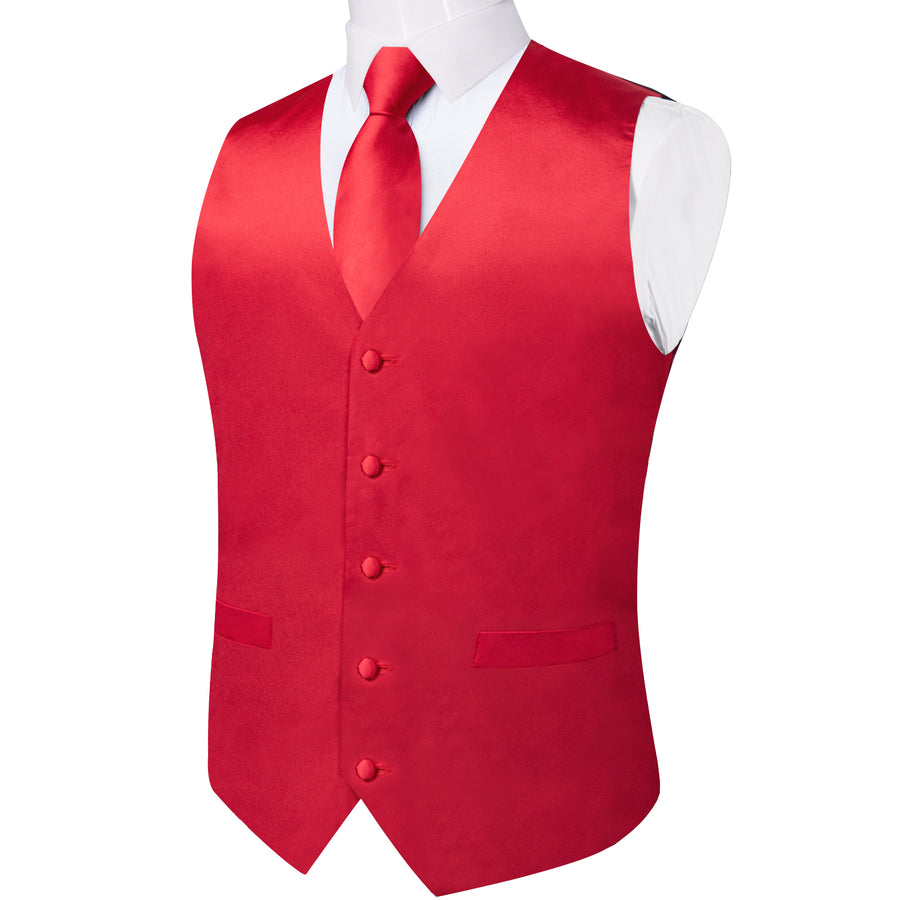Classic Red Solid Satin Men's Vest Set vest set    - Sophisticated Gentlemen