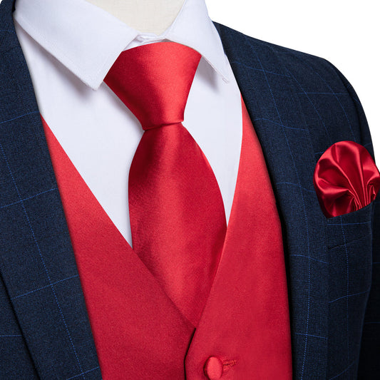 Classic Red Solid Satin Men's Vest Set vest set S (Chest 40")   - Sophisticated Gentlemen
