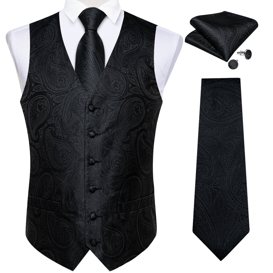 Dark Black Jacquard Paisley Waistcoat Vest Set vest set    - Sophisticated Gentlemen