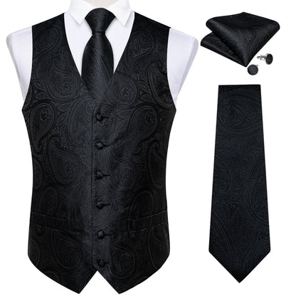 Dark Black Jacquard Paisley Waistcoat Vest Set vest set    - Sophisticated Gentlemen