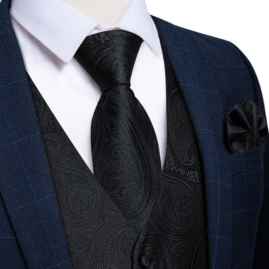 Dark Black Jacquard Paisley Waistcoat Vest Set vest set S (Chest 40")   - Sophisticated Gentlemen