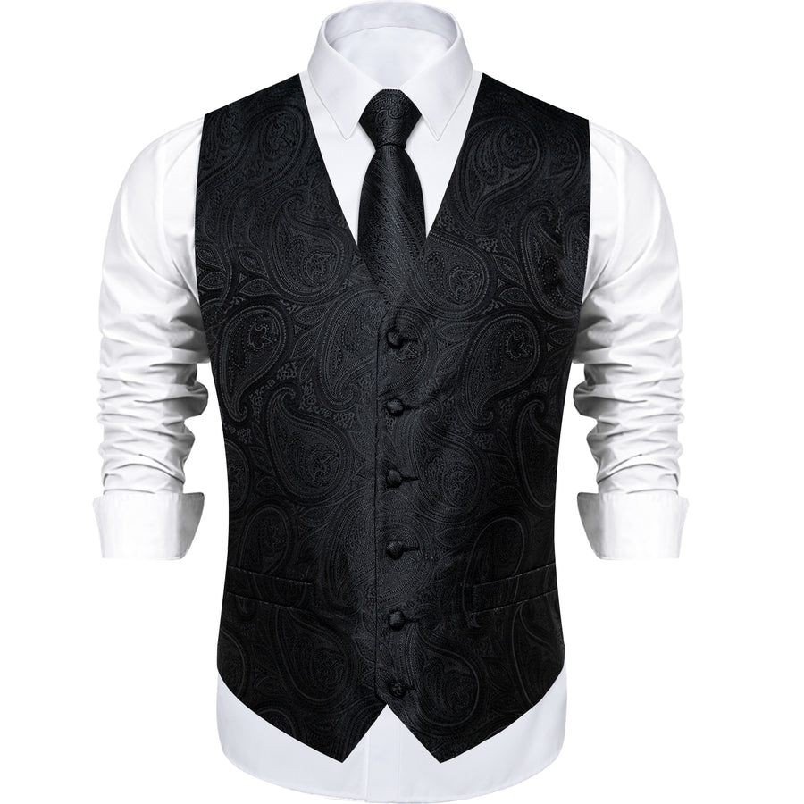 Dark Black Jacquard Paisley Waistcoat Vest Set vest set    - Sophisticated Gentlemen