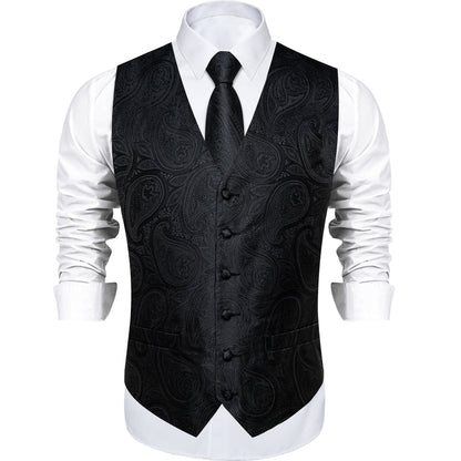 Dark Black Jacquard Paisley Waistcoat Vest Set vest set    - Sophisticated Gentlemen