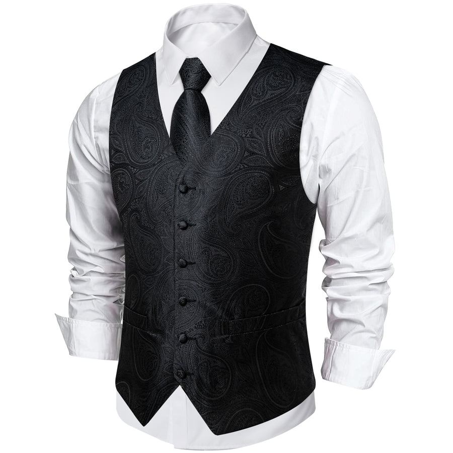 Dark Black Jacquard Paisley Waistcoat Vest Set vest set    - Sophisticated Gentlemen
