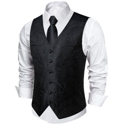 Dark Black Jacquard Paisley Waistcoat Vest Set vest set    - Sophisticated Gentlemen
