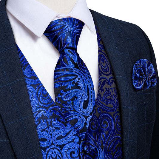 Midnight Blue Paisley Vest Set vest set S (Chest 40")   - Sophisticated Gentlemen