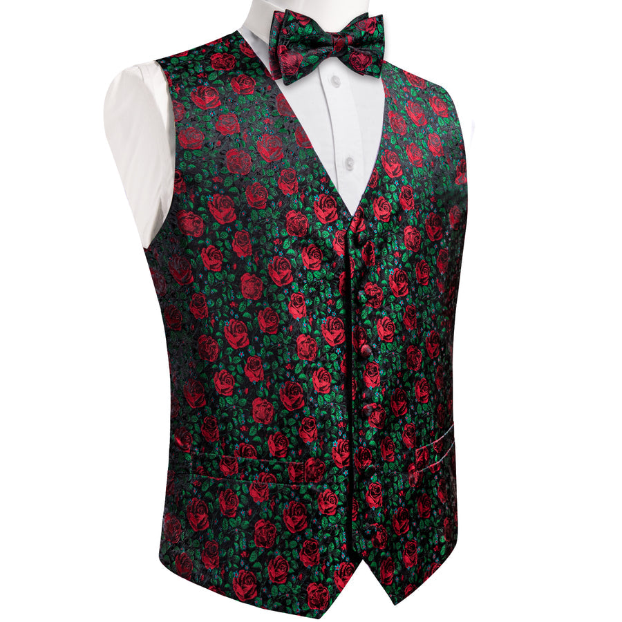 Forest Green Rose Red Floral Men's Bowtie Vest Set vest set    - Sophisticated Gentlemen