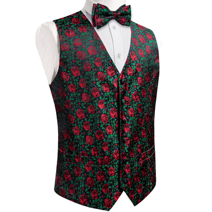 Forest Green Rose Red Floral Men's Bowtie Vest Set vest set    - Sophisticated Gentlemen