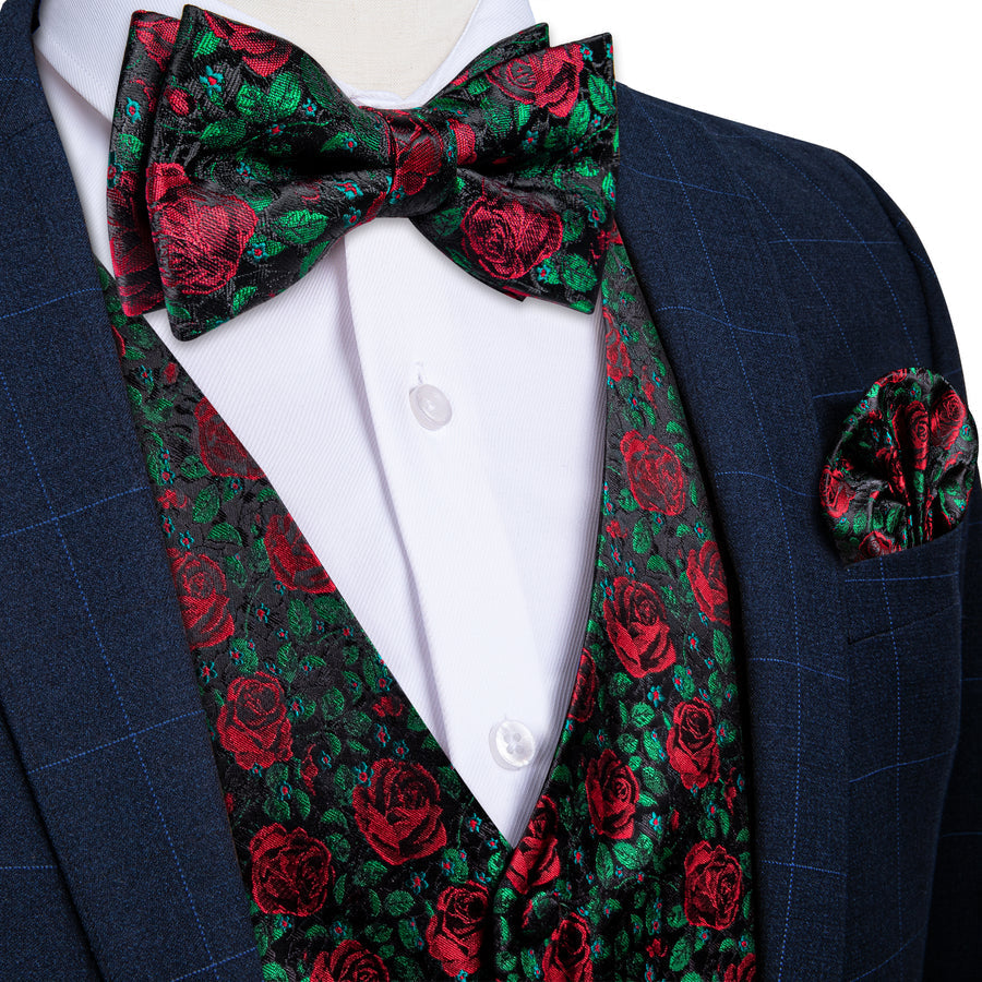 Forest Green Rose Red Floral Men's Bowtie Vest Set vest set    - Sophisticated Gentlemen