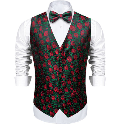 Forest Green Rose Red Floral Men's Bowtie Vest Set vest set    - Sophisticated Gentlemen