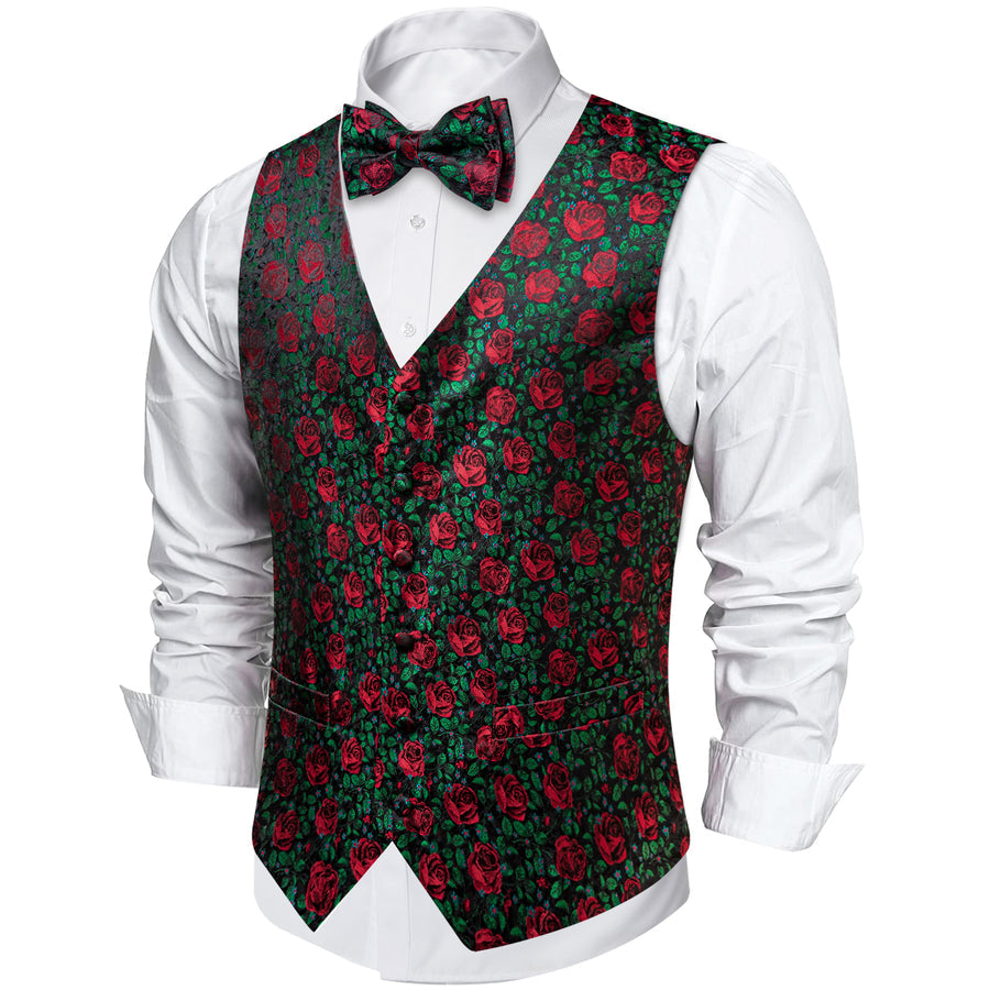Forest Green Rose Red Floral Men's Bowtie Vest Set vest set    - Sophisticated Gentlemen