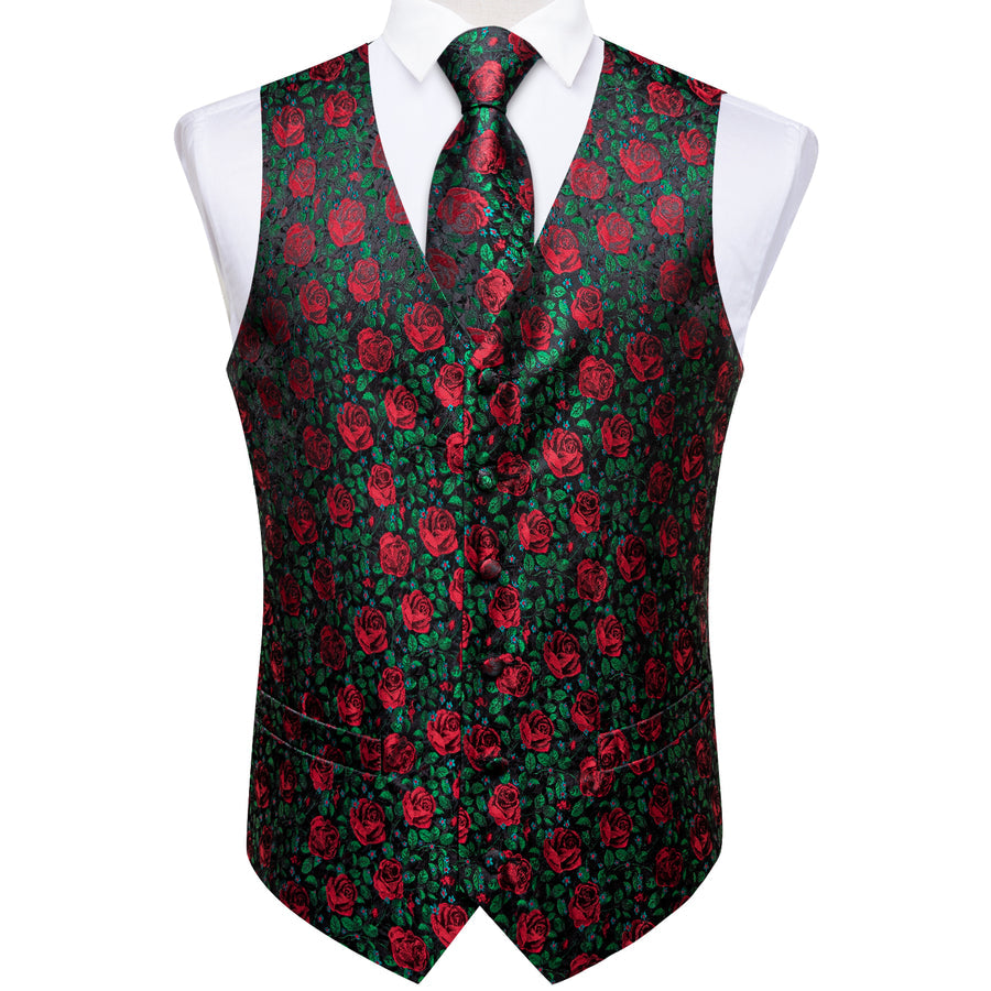 Forest Green Rose Red Floral Men's Vest Set vest set    - Sophisticated Gentlemen