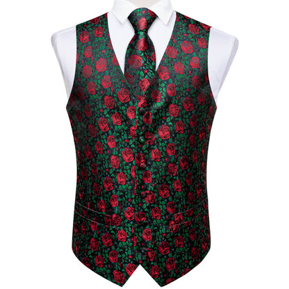 Forest Green Rose Red Floral Men's Vest Set vest set    - Sophisticated Gentlemen