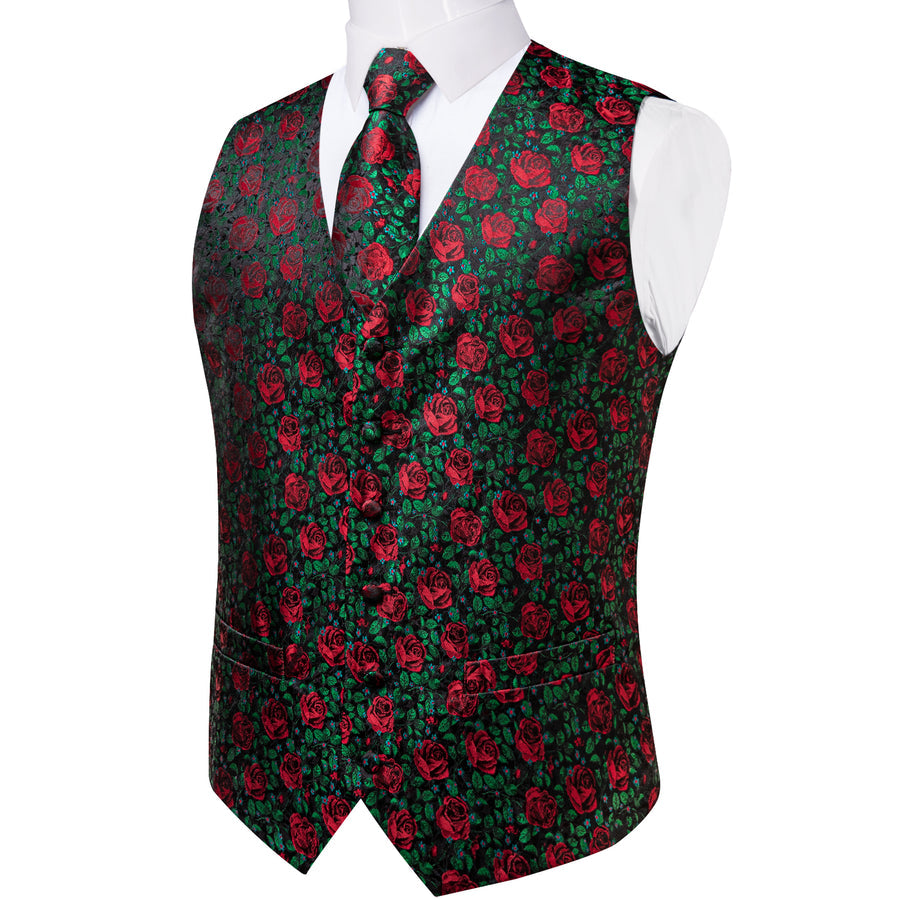 Forest Green Rose Red Floral Men's Vest Set vest set    - Sophisticated Gentlemen