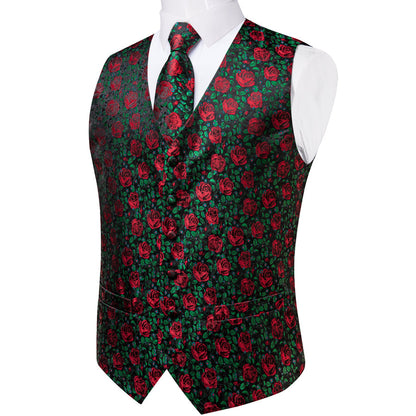 Forest Green Rose Red Floral Men's Vest Set vest set    - Sophisticated Gentlemen