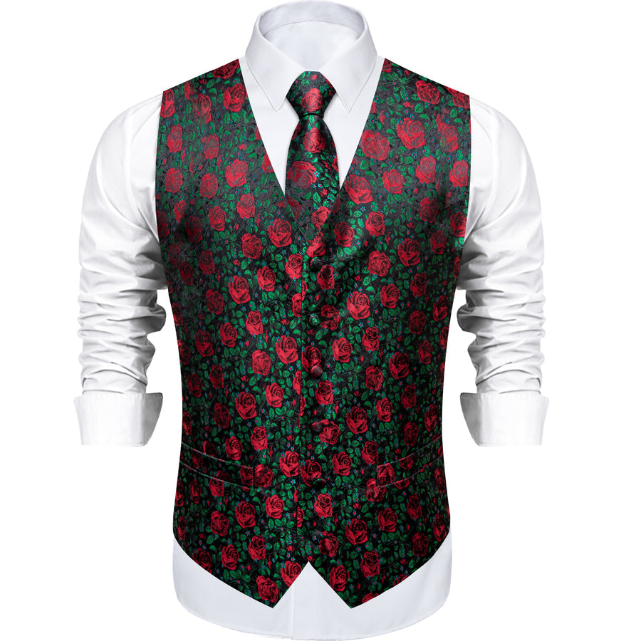 Forest Green Rose Red Floral Men's Vest Set vest set    - Sophisticated Gentlemen