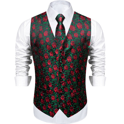 Forest Green Rose Red Floral Men's Vest Set vest set    - Sophisticated Gentlemen