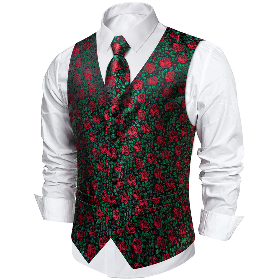 Forest Green Rose Red Floral Men's Vest Set vest set    - Sophisticated Gentlemen