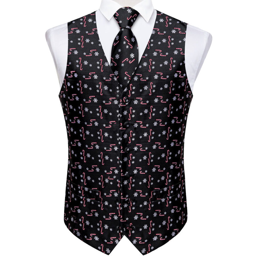 Christmas Black Red Candy Cane Novelty Satin Vest Set vest set    - Sophisticated Gentlemen