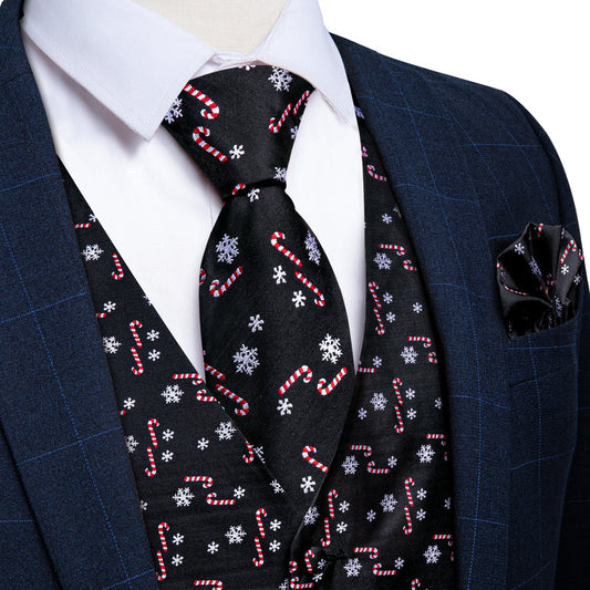 Christmas Black Red Candy Cane Novelty Satin Vest Set vest set S (Chest 40")   - Sophisticated Gentlemen