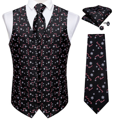 Christmas Black Red Candy Cane Novelty Satin Vest Set vest set    - Sophisticated Gentlemen