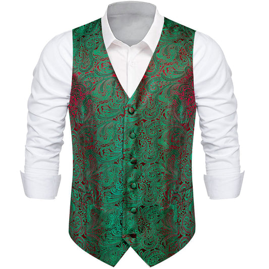 Green Red Paisley Splicing Jacquard Men's Vest Set vest set S (Chest 40")   - Sophisticated Gentlemen