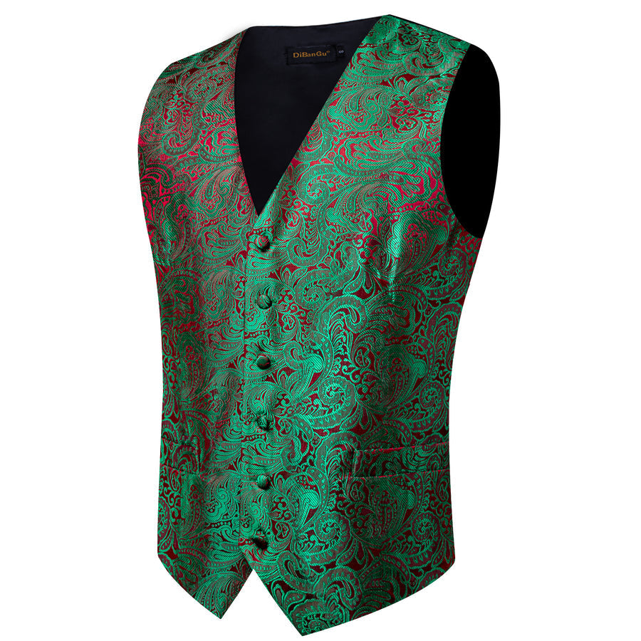 Green Red Paisley Splicing Jacquard Men's Vest Set vest set    - Sophisticated Gentlemen