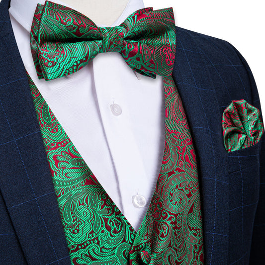 Green Red Paisley Men's Bowtie Vest Set vest set S (Chest 40")   - Sophisticated Gentlemen