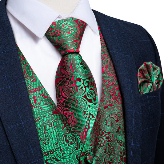 Green Red Paisley Men's Vest Set vest set S (Chest 40")   - Sophisticated Gentlemen