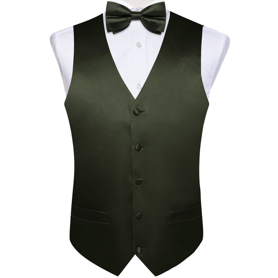 Olive Green Solid Silk Men's Bowtie Vest Set vest set    - Sophisticated Gentlemen