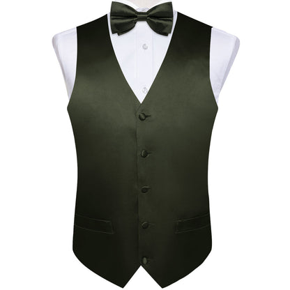 Olive Green Solid Silk Men's Bowtie Vest Set vest set    - Sophisticated Gentlemen