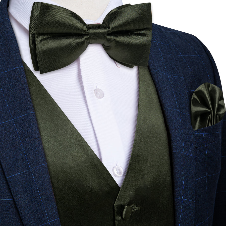 Olive Green Solid Silk Men's Bowtie Vest Set vest set S (Chest 40")   - Sophisticated Gentlemen