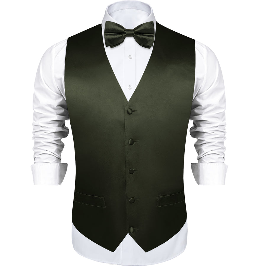 Olive Green Solid Silk Men's Bowtie Vest Set vest set    - Sophisticated Gentlemen