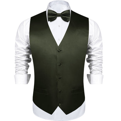 Olive Green Solid Silk Men's Bowtie Vest Set vest set    - Sophisticated Gentlemen