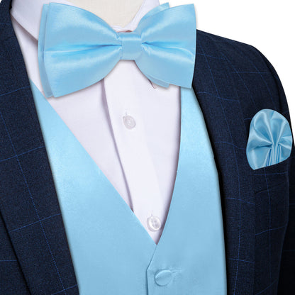 Light Sky Blue Solid Silk Bowtie Vest Set vest set S (Chest 40")   - Sophisticated Gentlemen