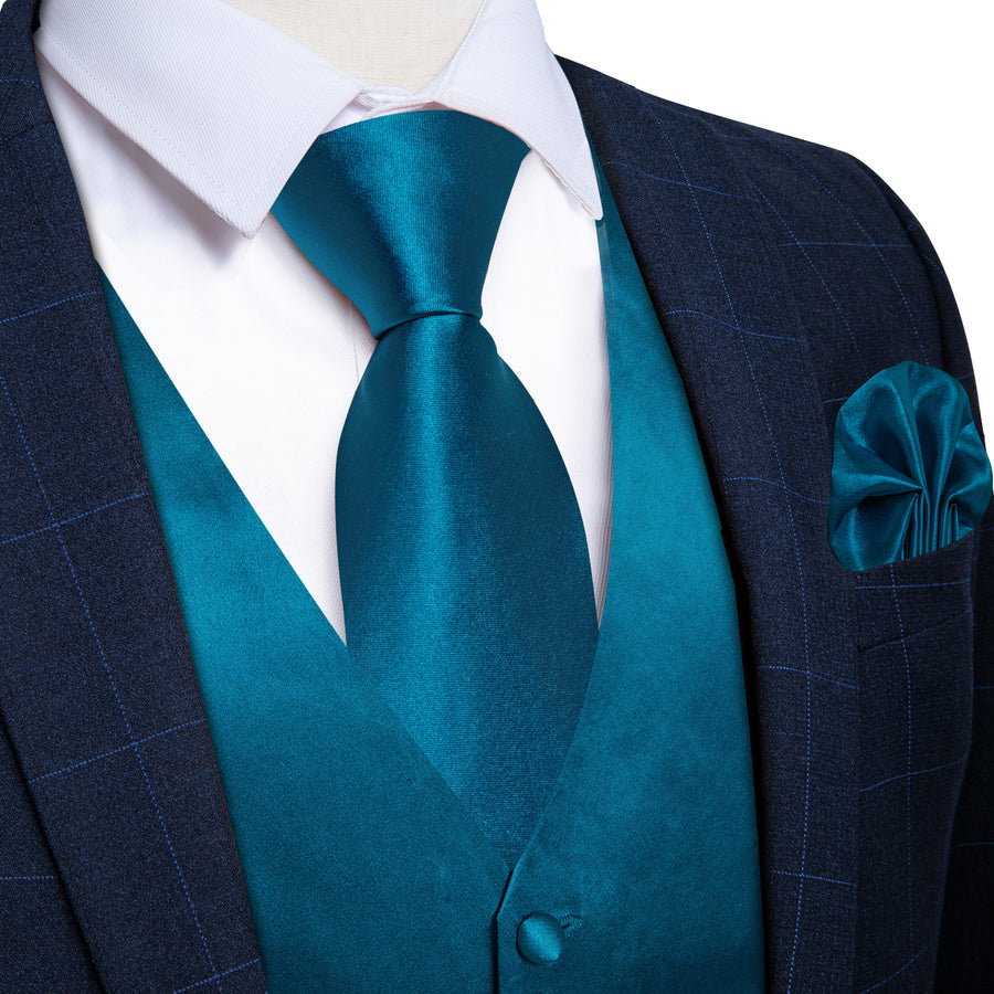 Deep Water Teal Solid Vest Set vest set S (Chest 40")   - Sophisticated Gentlemen