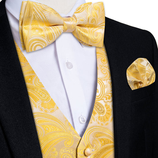 Butter Yellow Paisley Bowtie Vest Set vest set S (Chest 40")   - Sophisticated Gentlemen